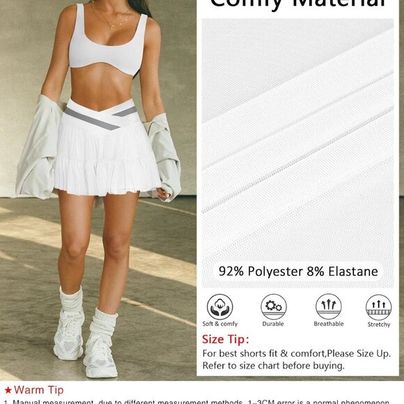 White Women's Mini Pleated Flowy Ruffle Tennis Skirt with Shorts Pockets - Picture 5 of 6